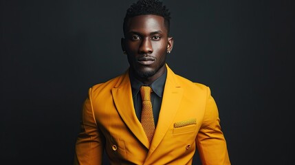 Obraz premium Captivating African man exuding sophistication and elegance in chic yellow suit with tie, an epitome of urbanity. copy space for text.