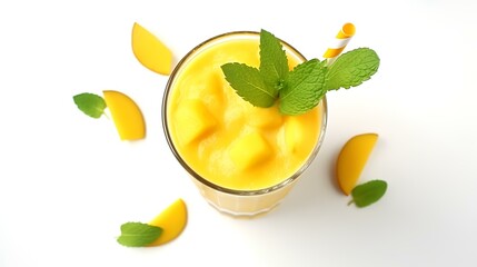 Mango smoothie in glass with mint on white background, top view