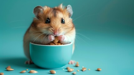 Adorable hamster stuffing cheeks with seeds sitting in a bowl