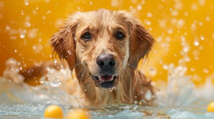Joyful golden retriever playing with water and balls on a bright sunny day