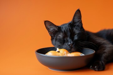Relaxed black cat sleeping beside toy fish in a bowl on orange background - Powered by Adobe