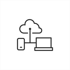 Cloud Computing Connectivity icon. Illustrates the connection between mobile devices, laptops, and the cloud, highlighting the seamless sync and access of data across platforms. Vector illustration.