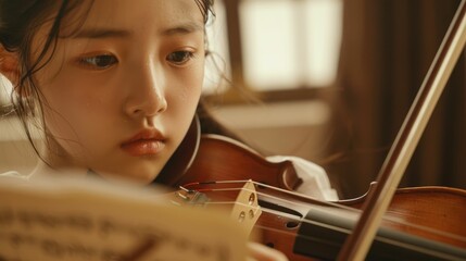 The close up picture of the young east asian girl is practicing the violin in rehearsal room to become violinist, the violinist require skill practice, technique, music knowledge, music theory. AIG43.