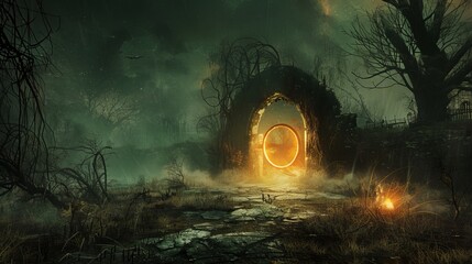 Hellish open field at night with a fiery ring gate and dungeons, light escaping through an open door amidst darkness, smoke, and cobwebs
