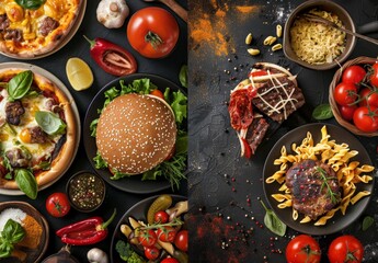 Design template for food collage featuring burger, pizza, pasta, steak. Ideal for restaurant menu or grocery shop flyer