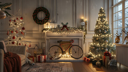 Interior of living room with Christmas trees bicycle a