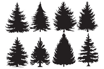 Christmas tree silhouette set hand drawn illustration on white background