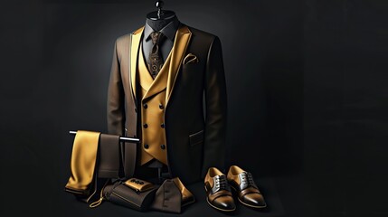 Elegant suit and accessories gold color. copy space for text.