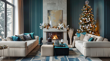 Interior of living room with fireplace decorated for C