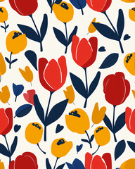 Seamless vector stylized red and yellow tulips, blue leaves on a white backdrop