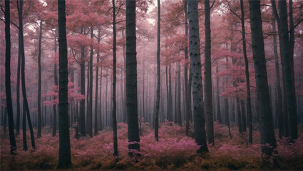 A serene forest with a soft, pastel-colored background of pink and purple, Generative AI