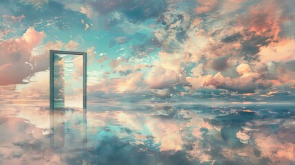 Magical landscape where a door opens to a dreamy cloud scene, mirrored in a calm lake, enhanced with soft pastels for a soothing young person's room