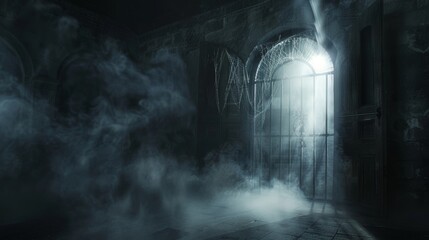 Mysterious basement scene with light shining from an opened door, surrounded by darkness and smoke, featuring a ring gate and cobweb shrouds
