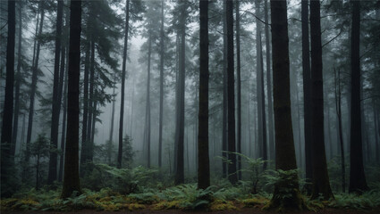 A peaceful forest with a misty, background of shades of grey, Generative AI