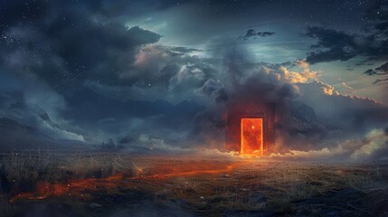 Mystical depiction of hell and heaven gates, set in an open field under a night sky, shrouded by mist, cobwebs, and a red glowing door set ablaze with flame