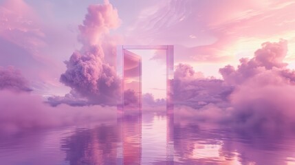 Mystical door opening to a serene landscape with clouds reflected in a tranquil lake, sky in pastel pink and purple tones