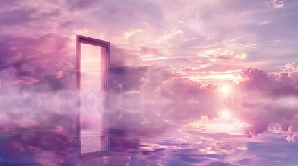 Mystical door opening to a serene landscape with clouds reflected in a tranquil lake, sky in pastel pink and purple tones