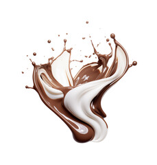 Splashes of chocolate and milk blend together, isolated on a transparent background. Generative AI