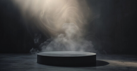 Empty podium with smoky black studio background. Smoked product platform
