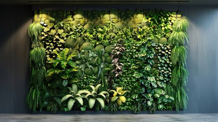 Green living wall with perennial plants in modern office. Urban gardening landscaping interior design. Fresh green vertical plant wall inside office. copy space for text.