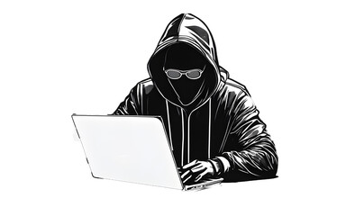 Hacker in Black Jacket in front with Laptop in Operating