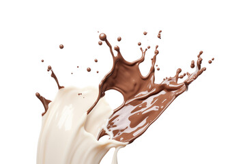 Splashes of chocolate and milk blend together, isolated on a transparent background. Generative AI