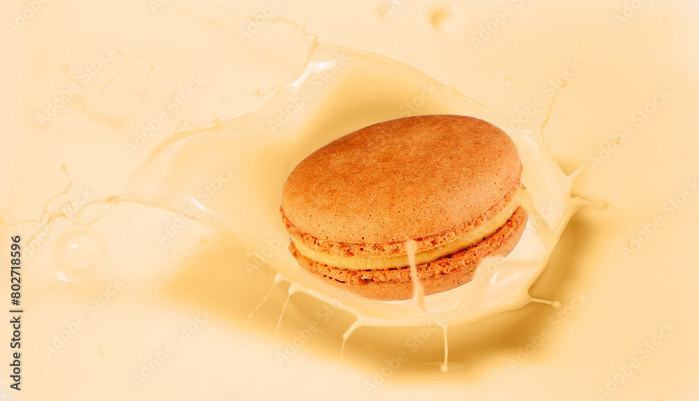 Sticker Macaroon cookie soaked in milk on a table, a tempting dessert