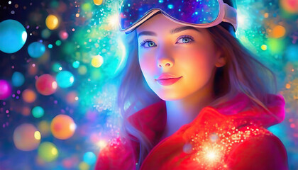 A beautiful young girl wearing a winter hoodie red jacket and snow googles surrounded by glittery colorful lights
