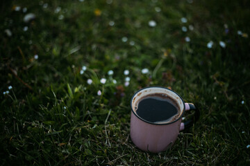 a cup of hot drink on a green lawn in the garden on a sunny day