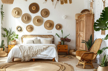 boho style decorated bedroom with straw hats on the wall, planters and wooden furniture in neutral colors with accents of mustard yellow, beautiful interior design, bohemian vibes