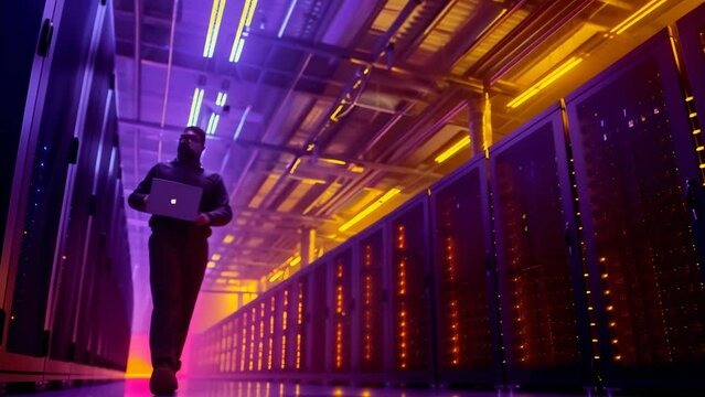 Man running through a long, dark server room illuminated by glowing lights on racks of computer equipment, conveying a sense of urgency, speed and the vast scale of digital data infrastructure.
