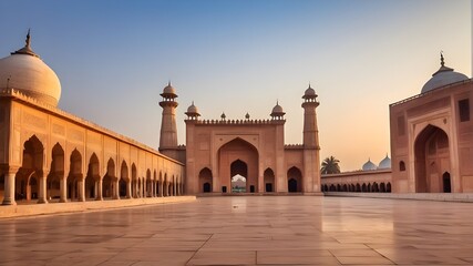 : A serene evening at Badshahi Mosque, adorned with intricate architectural details 