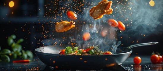 Image of a flying pan with chicken and spices. Idea of cooking in reduced gravity environment, floating food. Isolated on dark backdrop. High-quality picture.