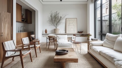 Fototapeta premium Simple yet stylish Scandinavian interior with clean lines, white walls, and warm wood finishes, optimized for comfort and natural light exposure