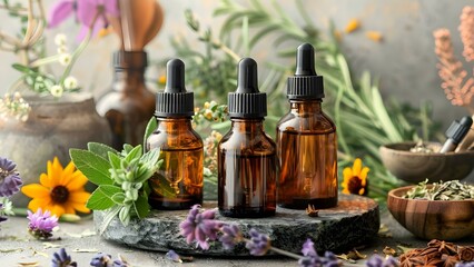 Fototapeta na wymiar Discover transformative power of homeopathy through carefully curated herbal tinctures at shop. Concept Homeopathy, Herbal Remedies, Natural Healing, Health and Wellness, Holistic Medicine