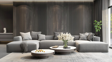 Interior of modern living room with grey sofa and flow