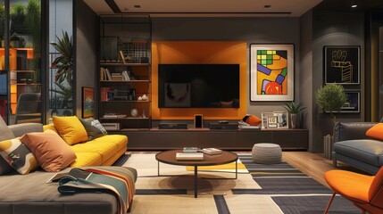 Trendy and functional living room design for a youthful individual, incorporating tech-savvy elements, bold colors, and decor that highlights their unique personality