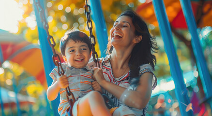 a happy mother and son playing on the playground, holding onto each other with smiles, capturing their joyful expressions as they enjoy time together at an outdoor park or amusement center. - Powered by Adobe
