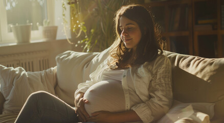 A beautiful pregnant woman sits on the sofa, wearing white and holding her belly with both hands. The background is a bright living room - Powered by Adobe