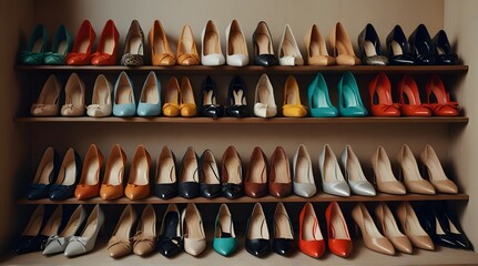 Different stylish women's shoes on shelving unit.generative.ai