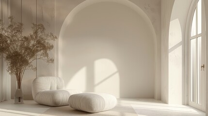 Minimalist Interior Monochromatic Scheme: A 3D visualization showcasing a minimalist interior with a monochromatic