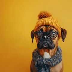 Portrait of adorable, happy dog in glasses and hat on yellow background. Free space for text.