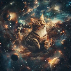 Surreal graphic of a space-traveling cat surrounded by floating celestial bodies