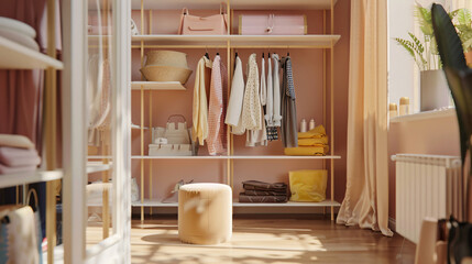 Obraz na płótnie Canvas Interior of stylish room with shelving unit clothes