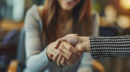 Close-Up of Female Candidate Shaking Hands with Hiring Manager, Focus on Hands, Office Background