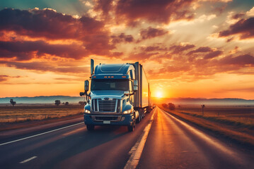 A lone truck travels down a highway towards a colorful sunset. The sky is ablaze with orange, pink, and purple hues, casting a long shadow of the truck on the road ahead.