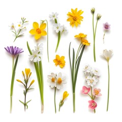 bunch of yellow, white and purple  flowers on white background,  Colorful Spring Flowers