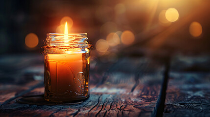 Jar with burning candle on grunge table closeup