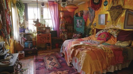 Youthful and unique Bohemian room, filled with eclectic decor, colorful art pieces, and vintage furniture, reflecting a free-spirited lifestyle