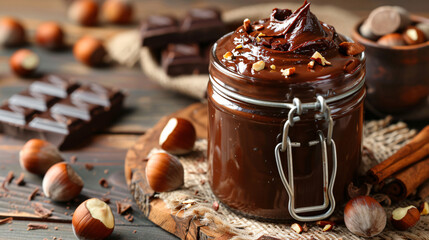 Jar with tasty chocolate paste and hazelnuts on wooden